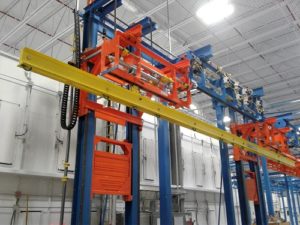 Airplane Wing Finishing Line with Two Post Vertical Lift with Load Bar - IntelliTrak 1500 Series Overhead Conveyor