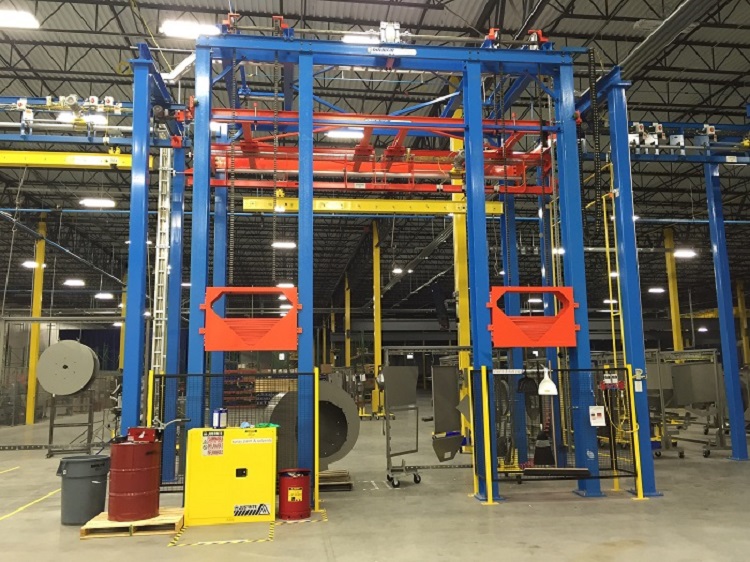 Industrial Fan Component Finishing Line with Four Post Split-Counterweight Lift IntelliTrak 1500 Series Overhead Conveyor