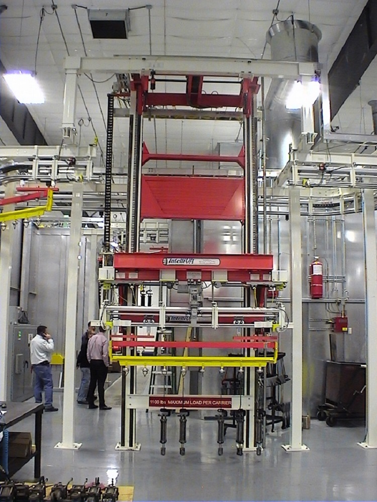 Hydraulic Cylinder Finishing Line with Two Post Cantilever Lift IntelliTrak 500 Series Overhead Conveyor